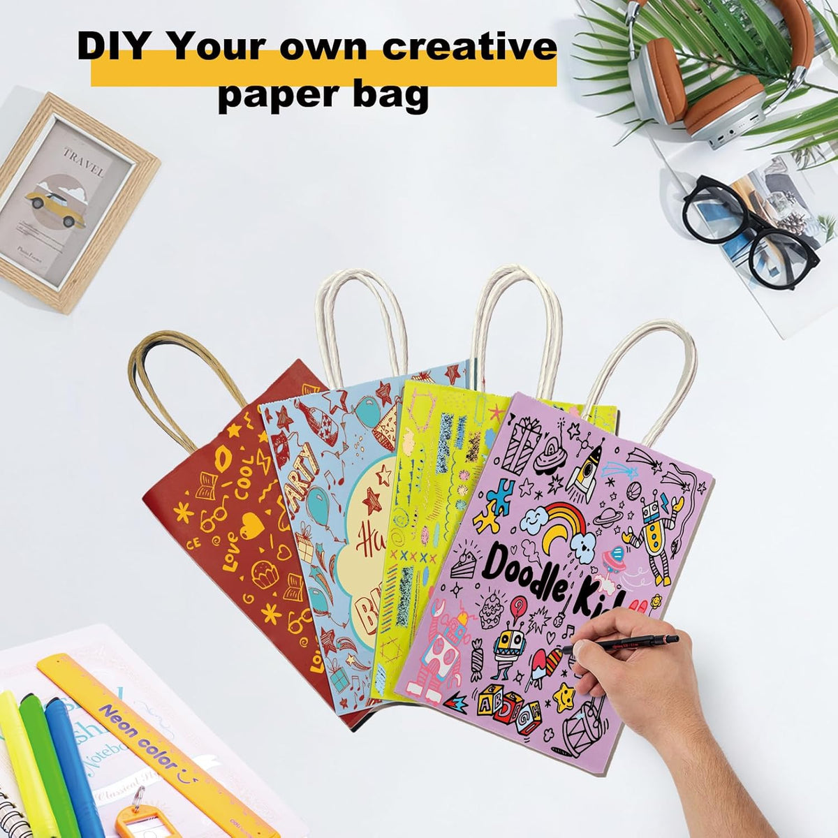 BAG BOX 25 Pack Small 5.9x3.1x8.25 Inch Green Kraft Paper Gift Bags with Handles for Bulk Shopping