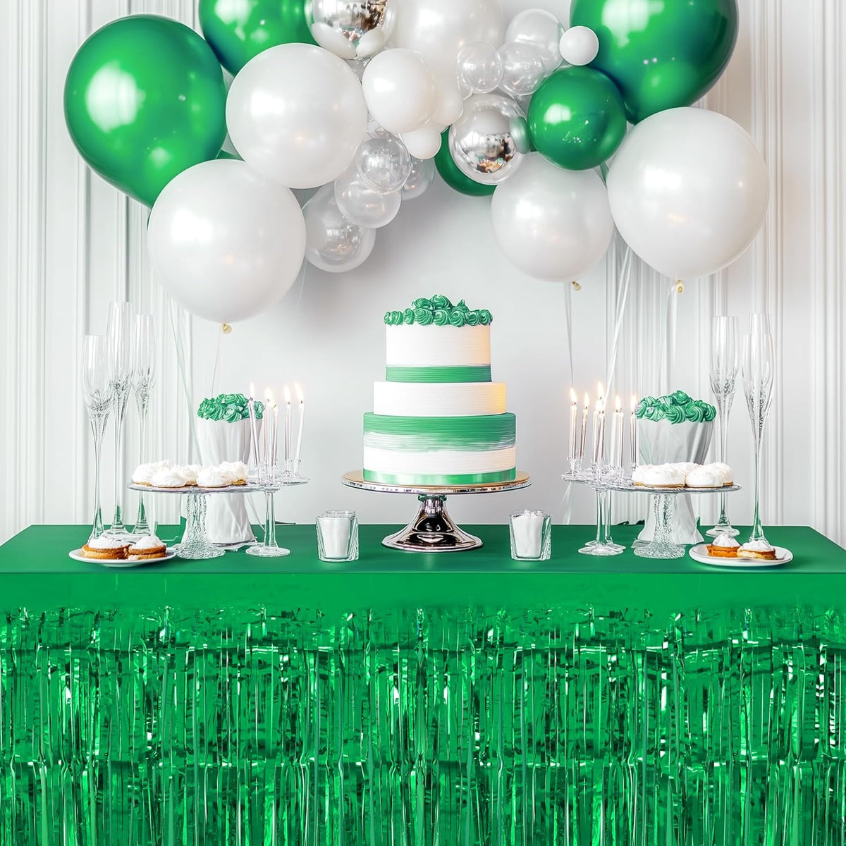 2 Pack Light Pink Green Table Skirts, 29x108" Metallic Foil Tinsel Fringe Table Skirt for Rectangle