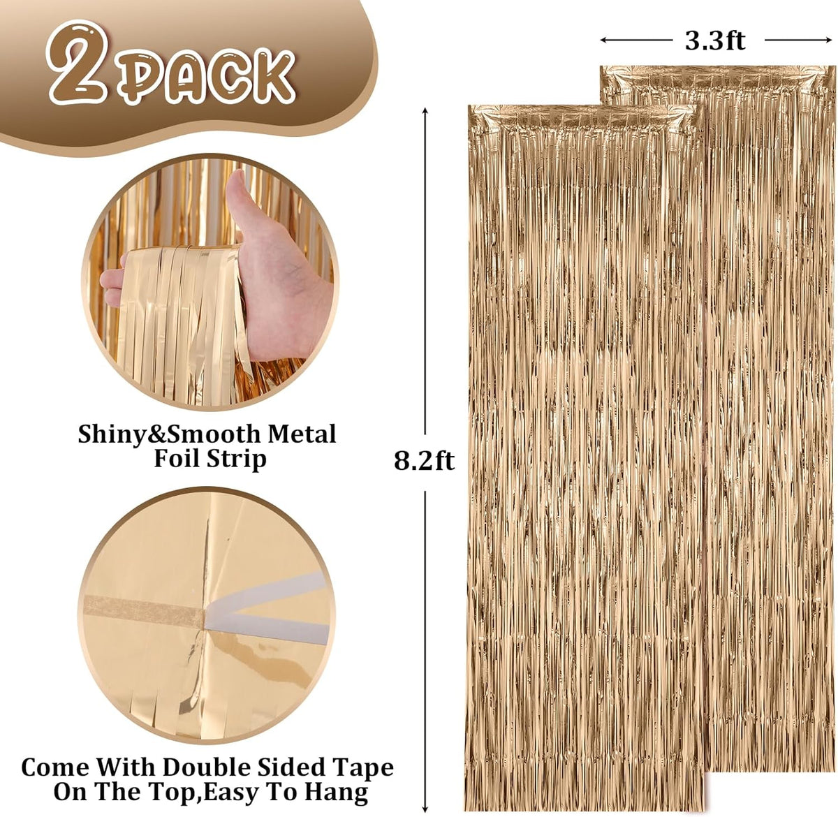2 Pack Champagne Foil Fringe Backdrop Curtains, Tinsel Streamers Birthday Party Decorations, Fringe