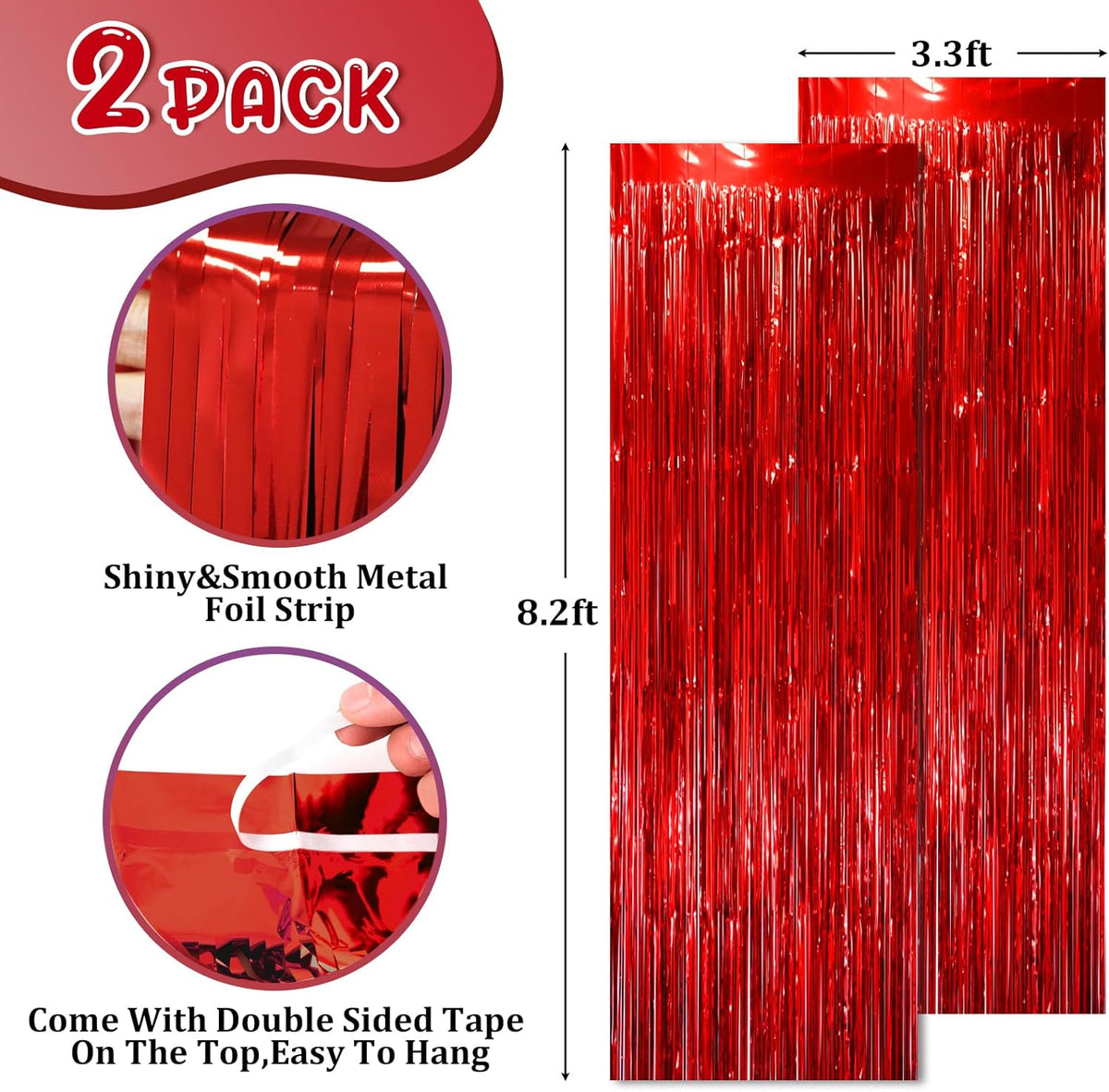 2 Pack Red Tinsel Foil Fringe Curtains, Red Party Decorations, Metallic Tinsel Party Streamers
