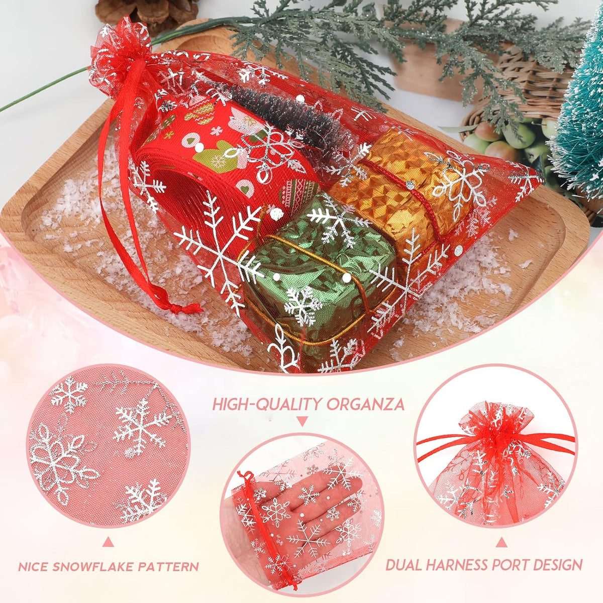 jijAcraft 5x7 Inch Christmas Organza Bags - 50Pcs Red Snowflake Gift Bags with Drawstring, Xmas