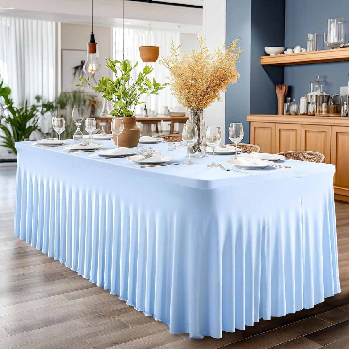 2 Pack Baby Blue Spandex Table Clothes for 6 Foot Rectangle Tables, 6FT Wrinkle Free Fitted