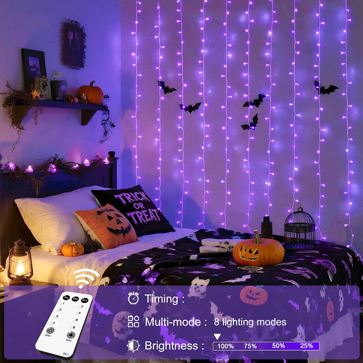 JMEXSUSS 300LED Purple Halloween Lights with Remote, Curtain Hanging Light Plug in, 8 Modes Purple