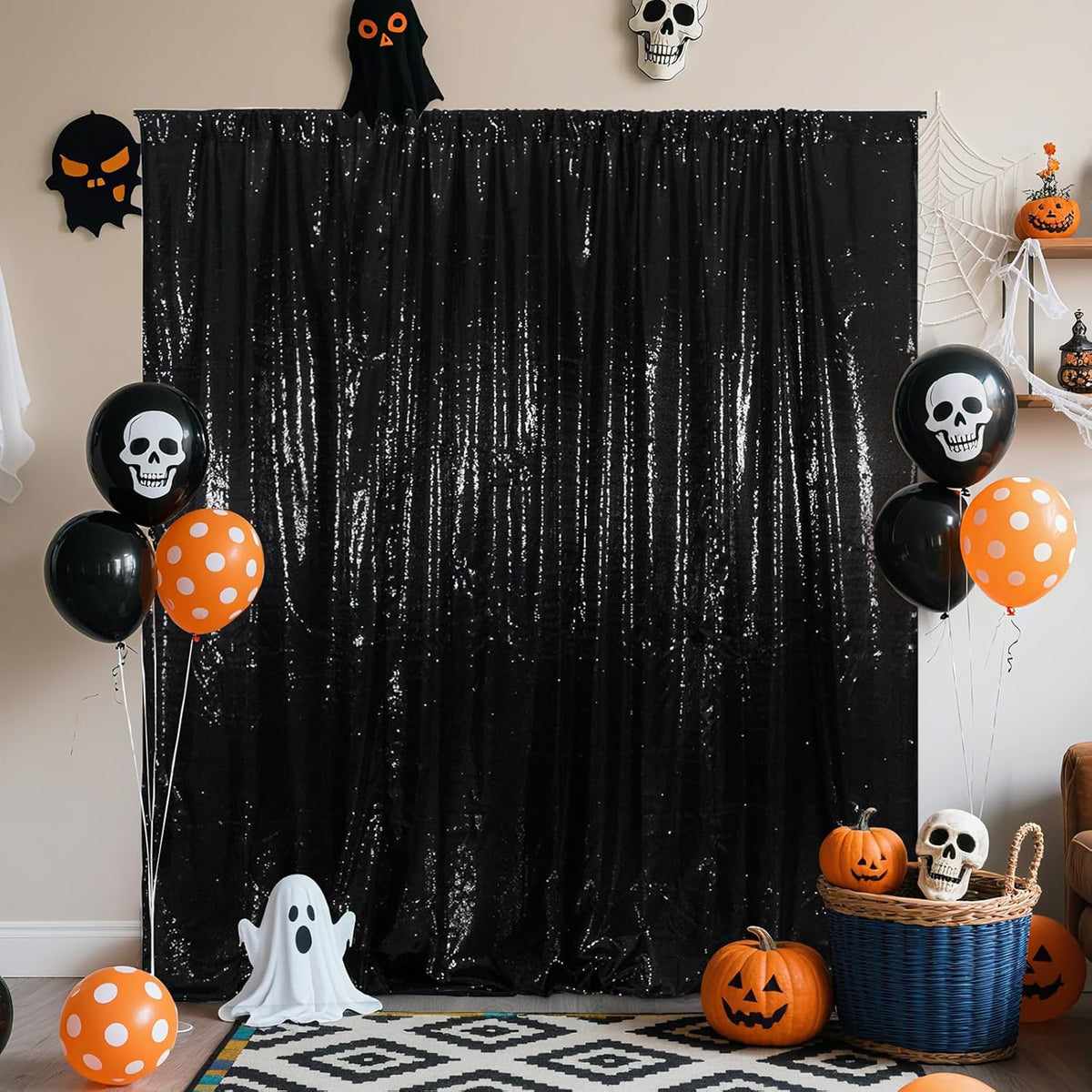 Poise3EHome 8Ft x 8Ft Black Sequin Backdrop, Glitter Thick Satin Background Drapes, Sparkly Opaque