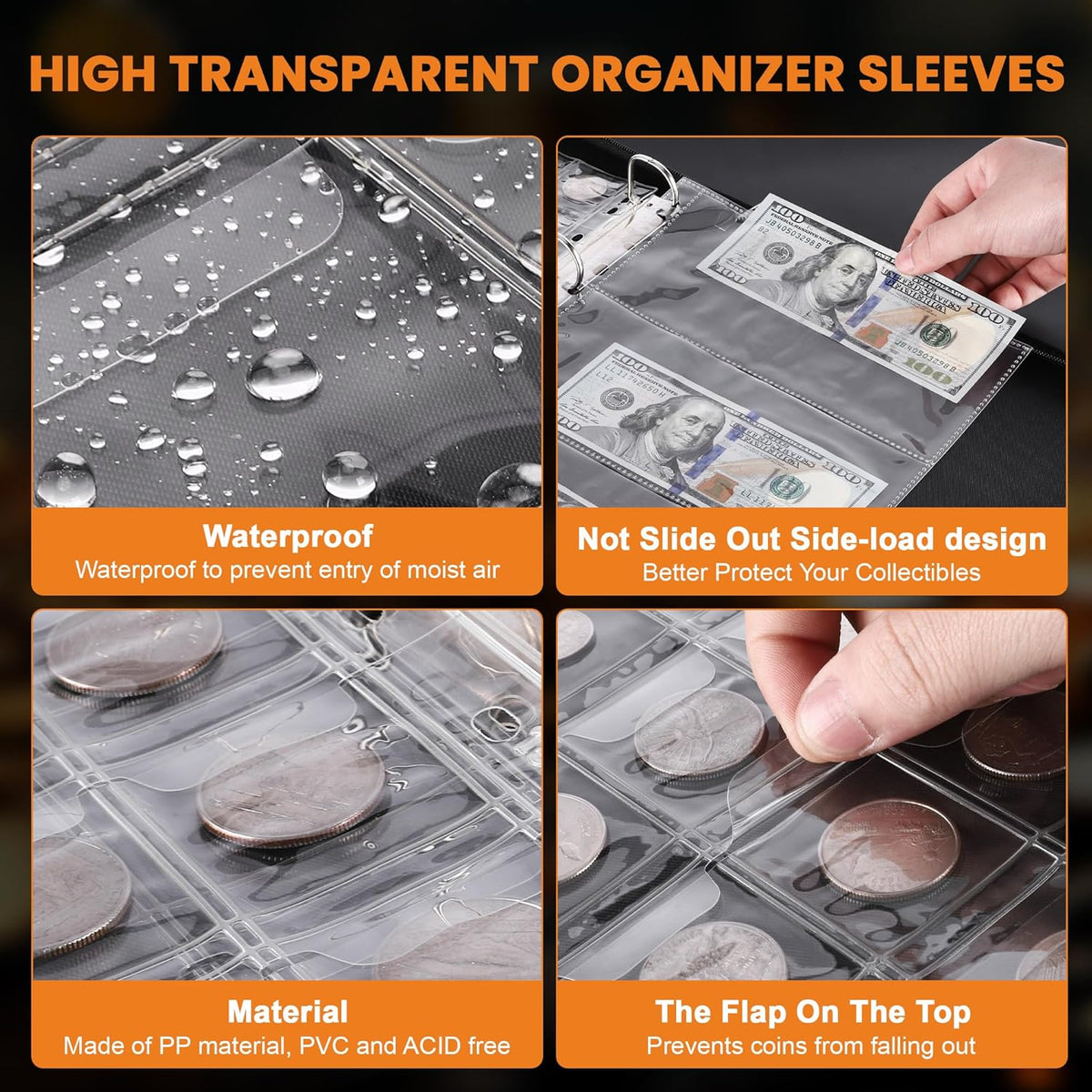 Coin Binder for Collectors with Handle, Fireproof 400 Pockets Coin Collection Album & 36 Paper