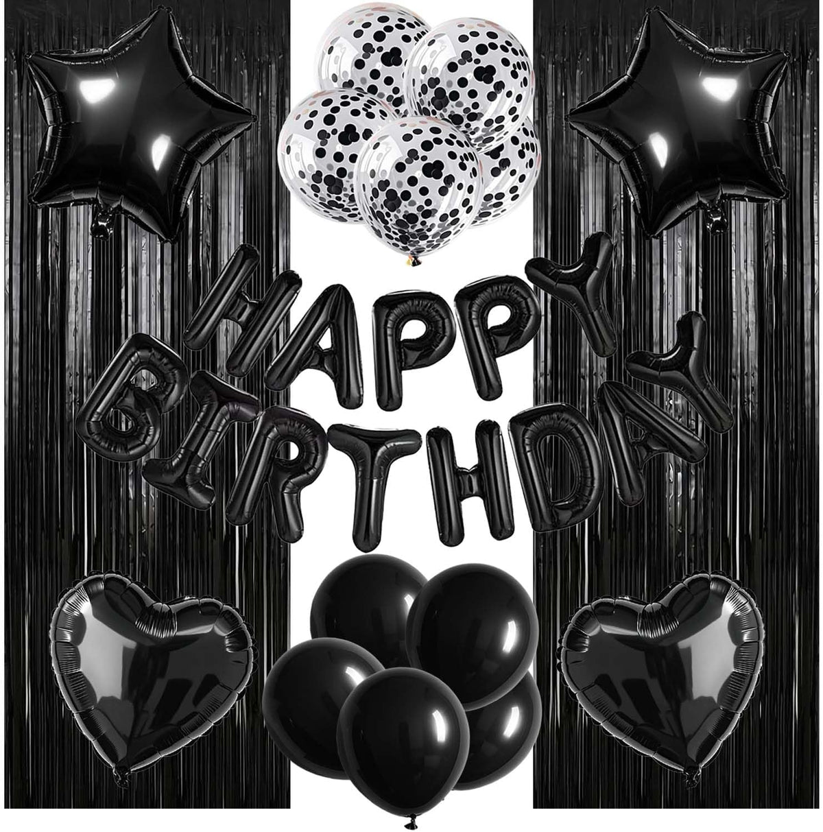 29 Pcs Black Birthday Party Decorations - Happy Birthday Balloons Banner, Heart & Star Foil