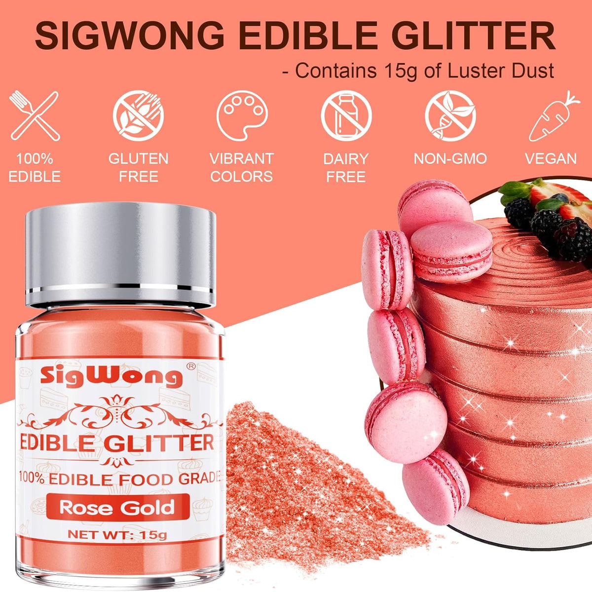 Rose Gold Edible Glitter - 15g Food Grade Luster Dust Powder, Cake Decorating Sprinkle Glimmery