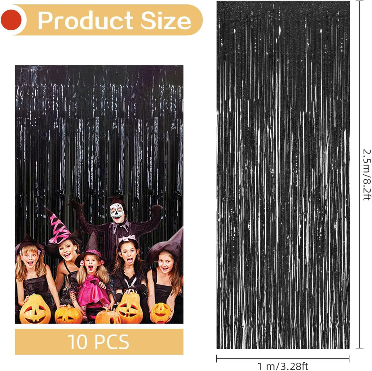 10 Pack Black Backdrop Curtain 3.2ft x 8.2ft Metallic Tinsel Foil Fringe Curtains Photo Booth