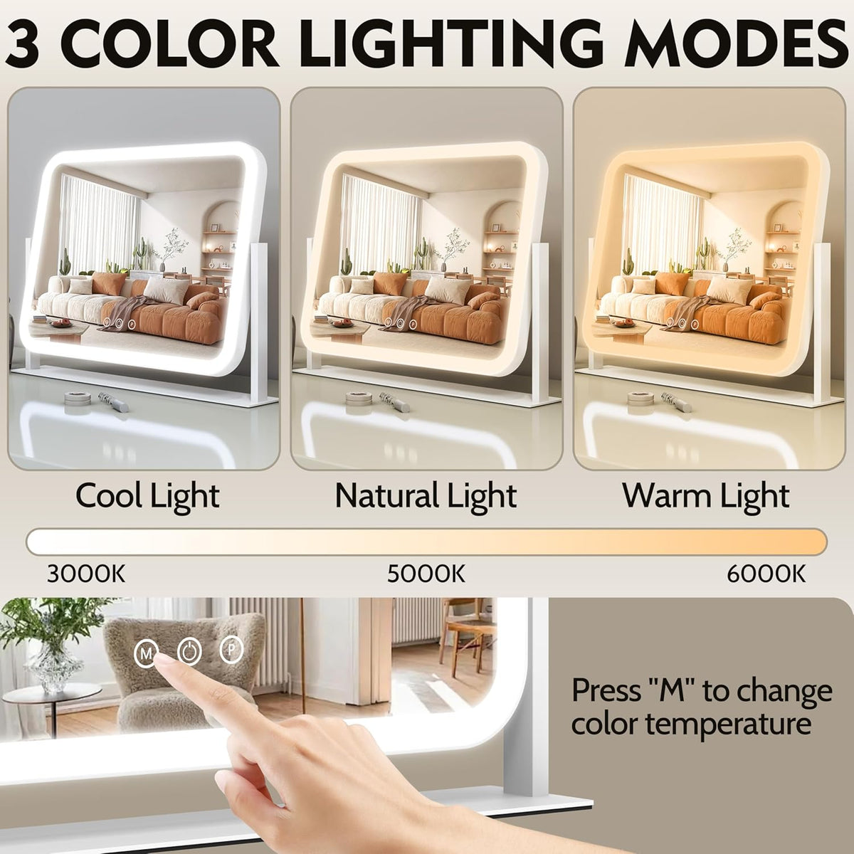 Lighted Makeup Mirror, 17"x13" Vanity Mirror with Lights and 10X Magnification, 3 Color Lighting