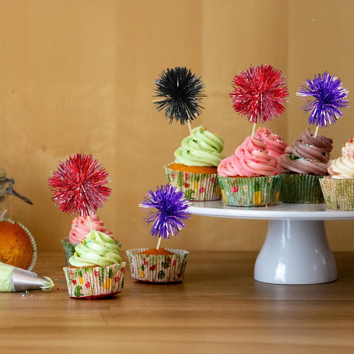 Gyufise 30Pcs Foil Firework Cupcake Toppers Sparkle Tinsel Cake Toppers Tinsel Drink Cake