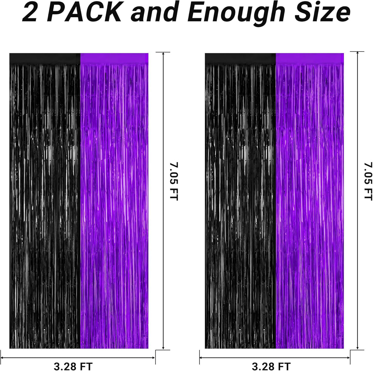 2 Pack Halloween Decor, 3.28 FT x 7.05 FT Purple and Black Foil Streamer, Metallic Fringe Curtains