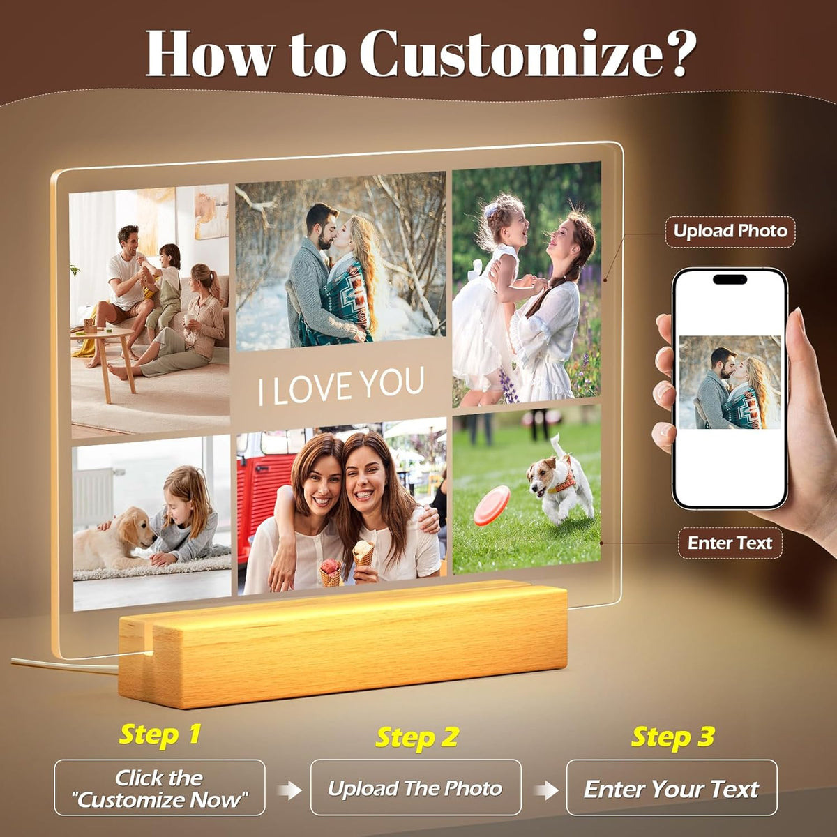 Custom Picture Frames with Photo, Personalized Photo Frame with Night Light, Customized Picture