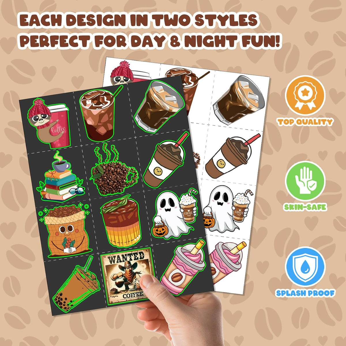 96 PCS Coffee Party Favors Set – 72 Pre-Cut Temporary Tattoos & 24 Slap Bracelets for Kids &