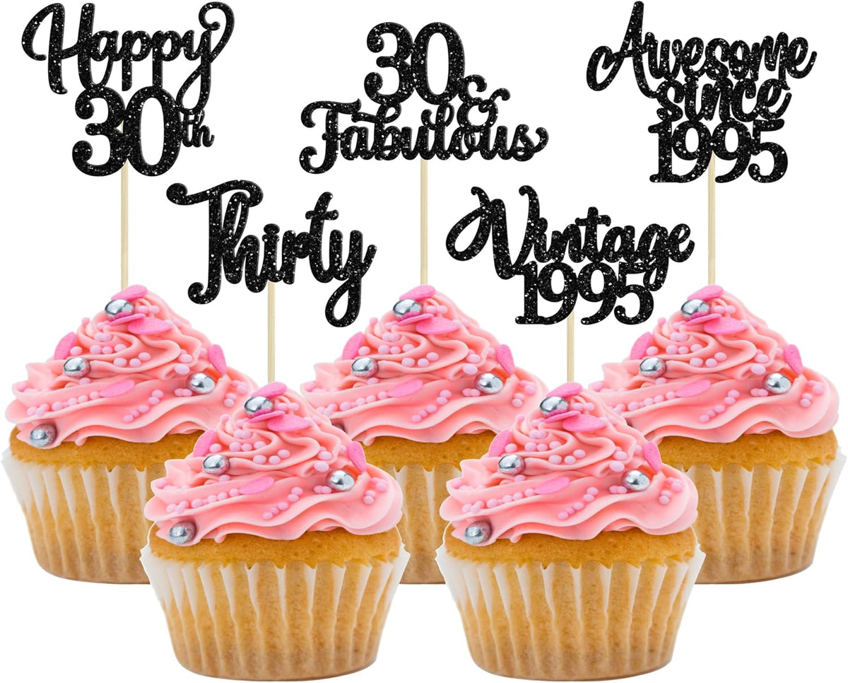 30Pcs Happy 30th Birthday Cupcake Toppers Glitter Thirty Vintage 1995 Cupcake Picks Cheers to 30