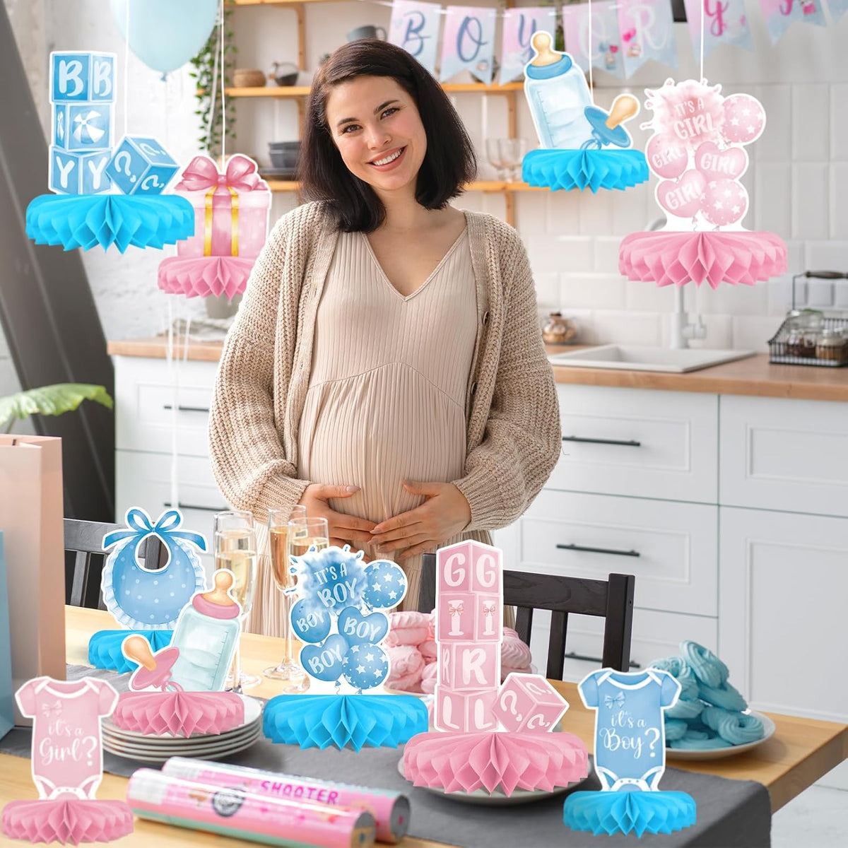 Gender Reveal Decoration Set - Includes Baby Reveal Table Decorations with Honeycomb Centerpiece