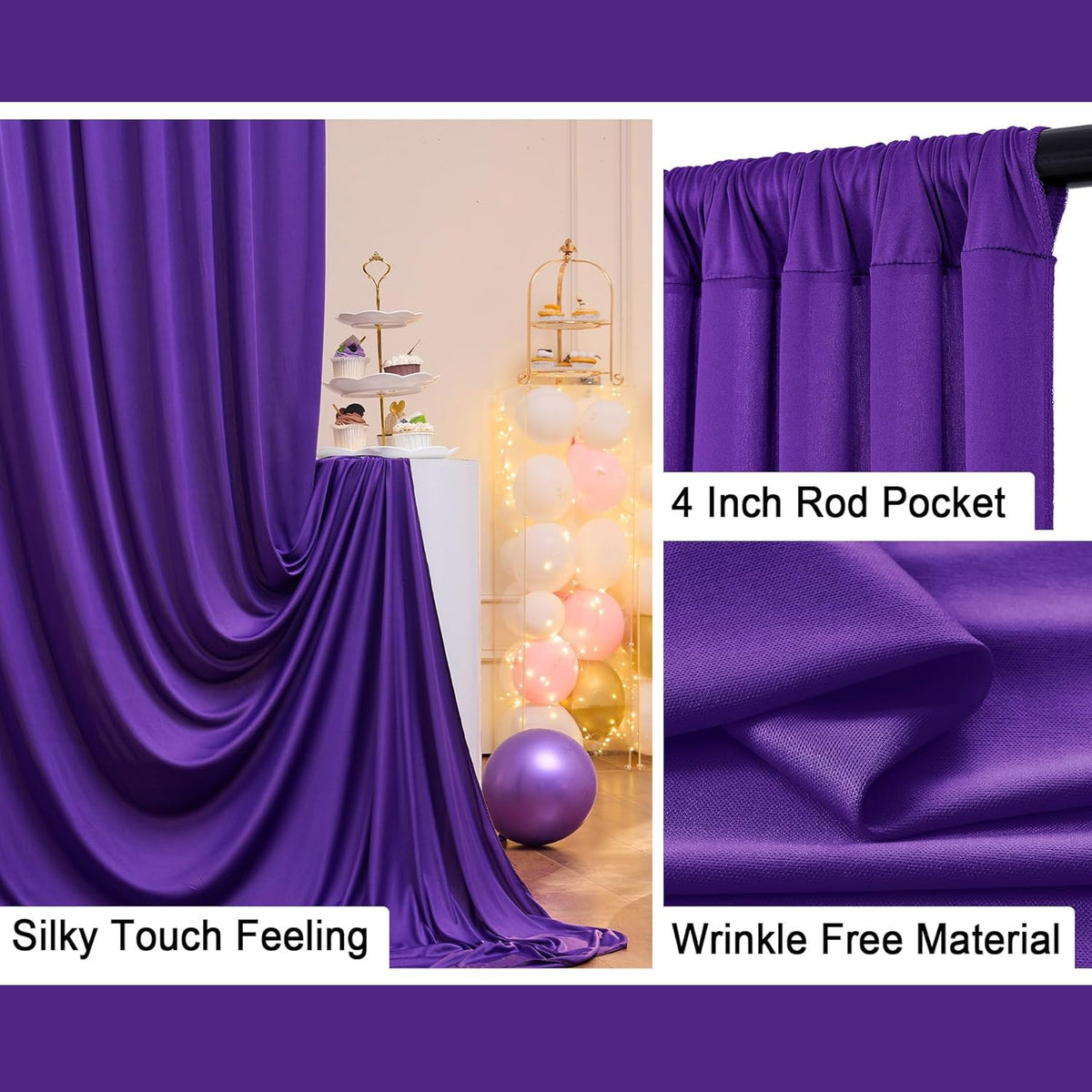 40 ft x 10 ft Wrinkle Free Purple Backdrop Curtain for Parties, 5ft x 10ft 8 Panels Polyester