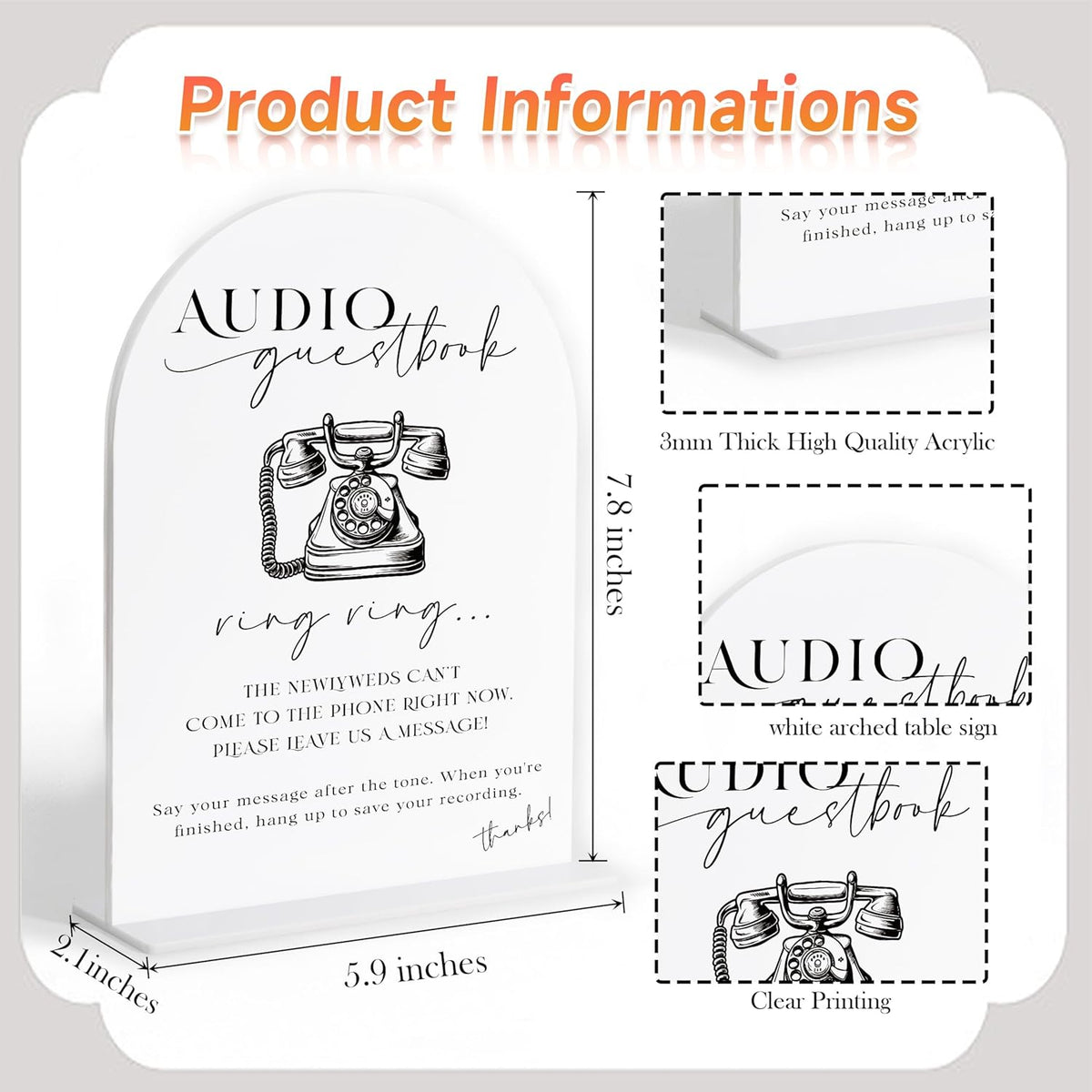 Audio Guest Book Sign, White Arch Acrylic Wedding Sign, Audio Guest Book Wedding Phone, Bridal