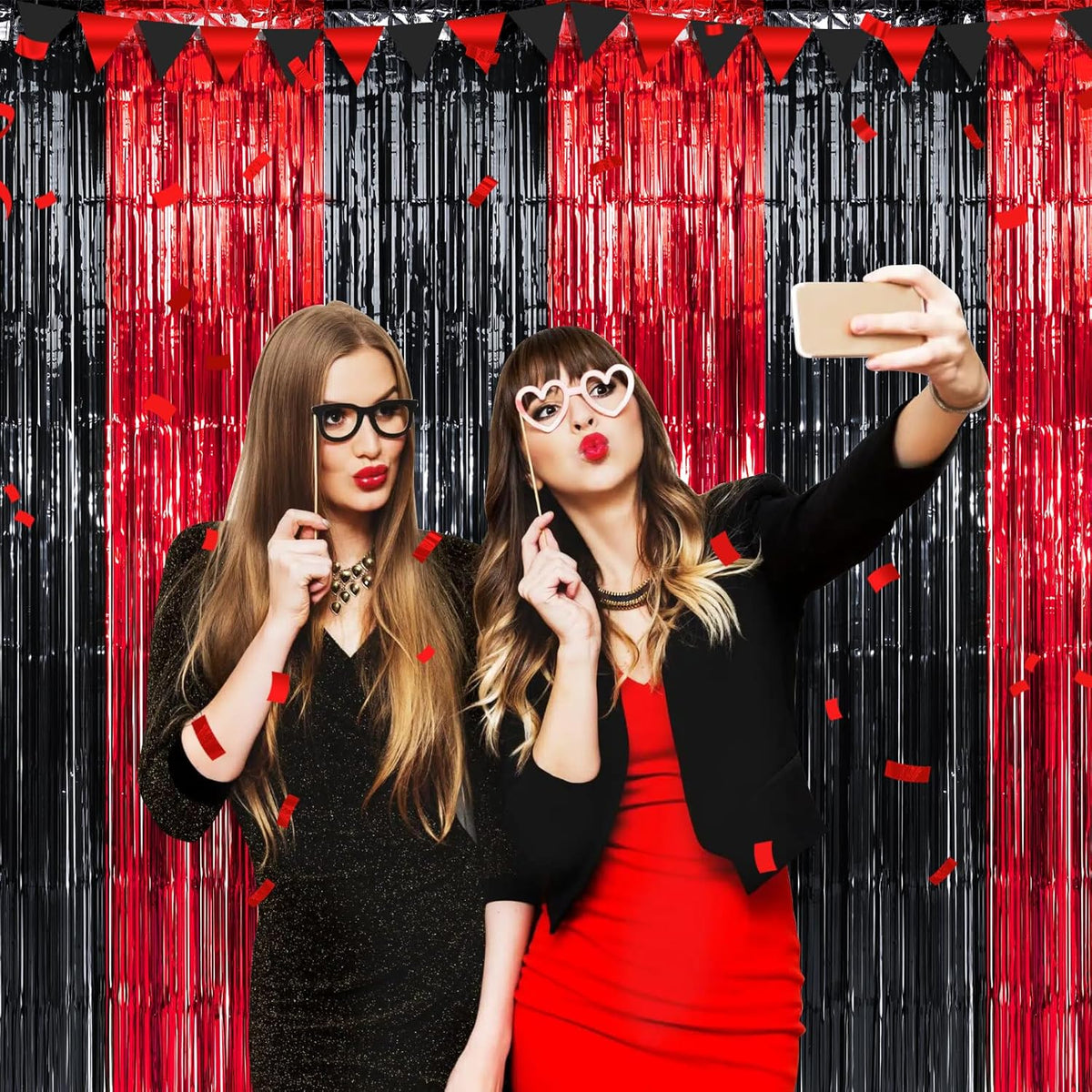 3 Pack 3.3Ft x 6.6Ft Graduation Foil Fringe Curtain Backdrop Decorations, Red Black Metallic Tinsel