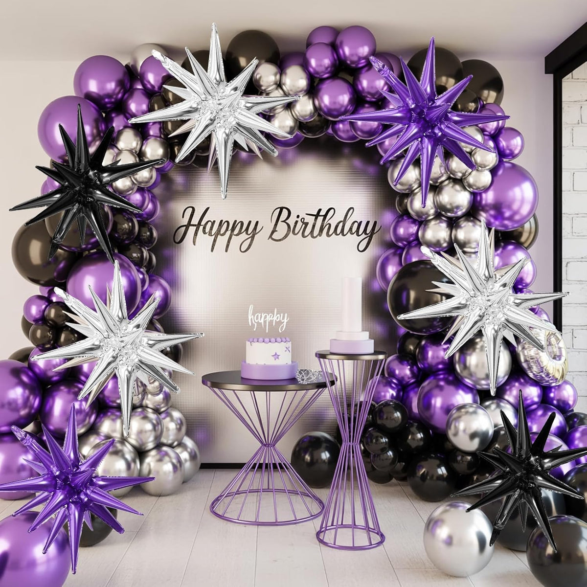 Black Purple Silver Star Balloons,9Pcs 22Inch Black Silver Purple Explosion Spike Cone Helium