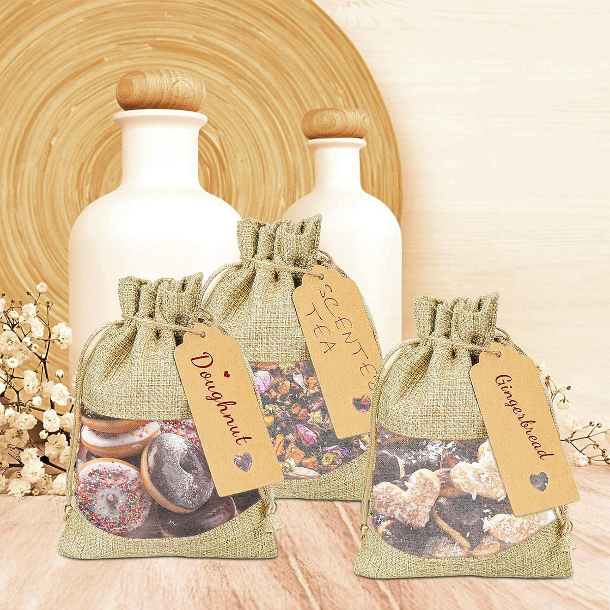 GIOIPC 50Pcs 4 x 6 Inch Linen Burlap Sheer Bags with Drawstring and Bonus Gift Tags for Wedding