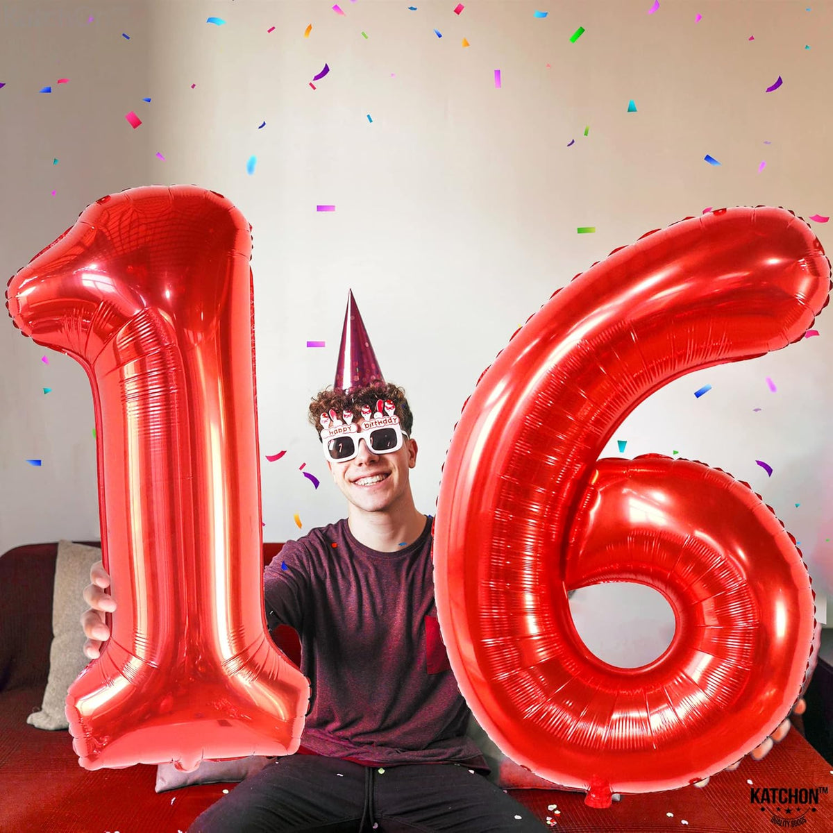 KatchOn, Red 16 Number Balloons - Huge, 40 Inch | 16th Birthday Balloons Red for 16th Birthday