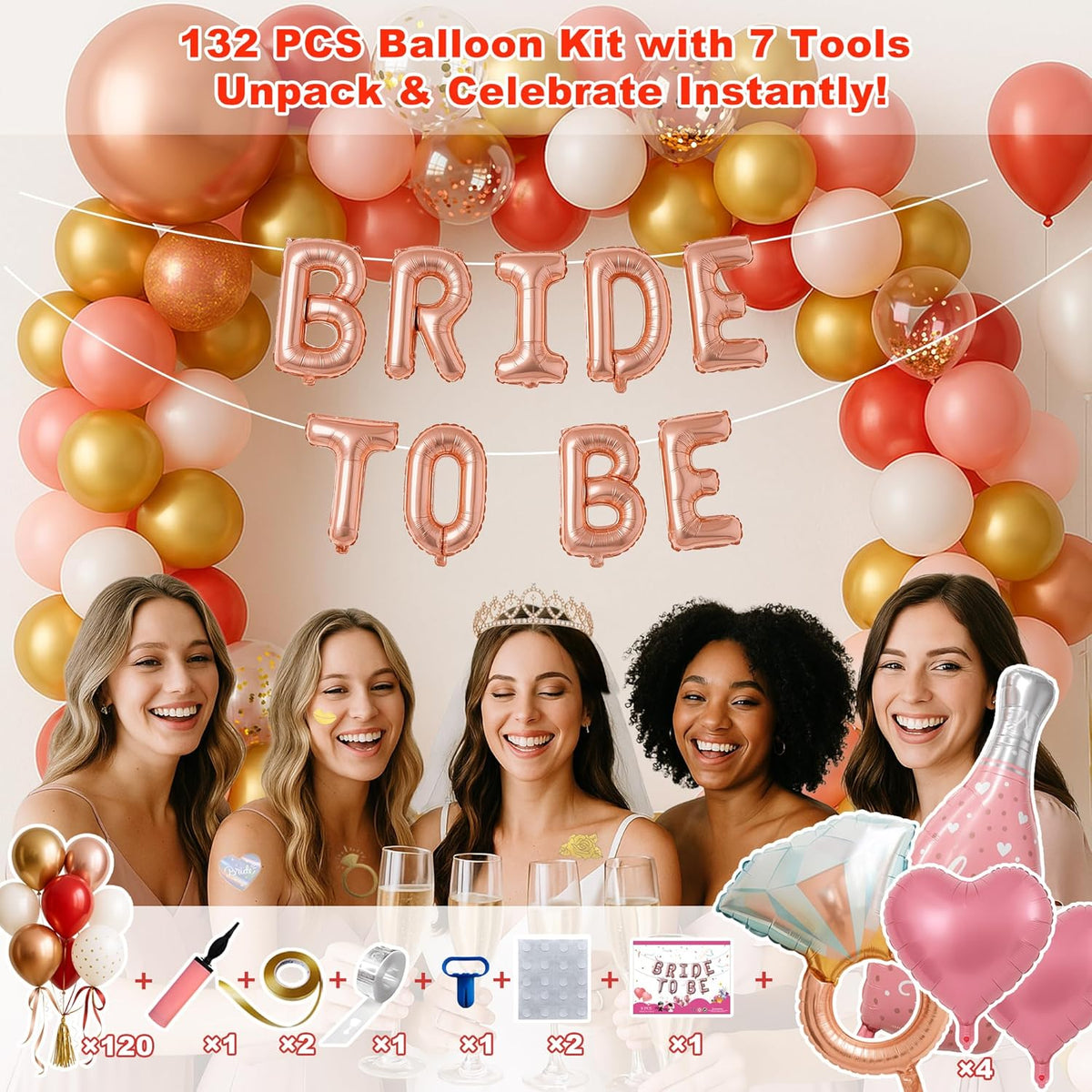 168PCS Bridal Shower Decorations Kit – Rose Gold Bachelorette Party Supplies with Bride To Be Foil