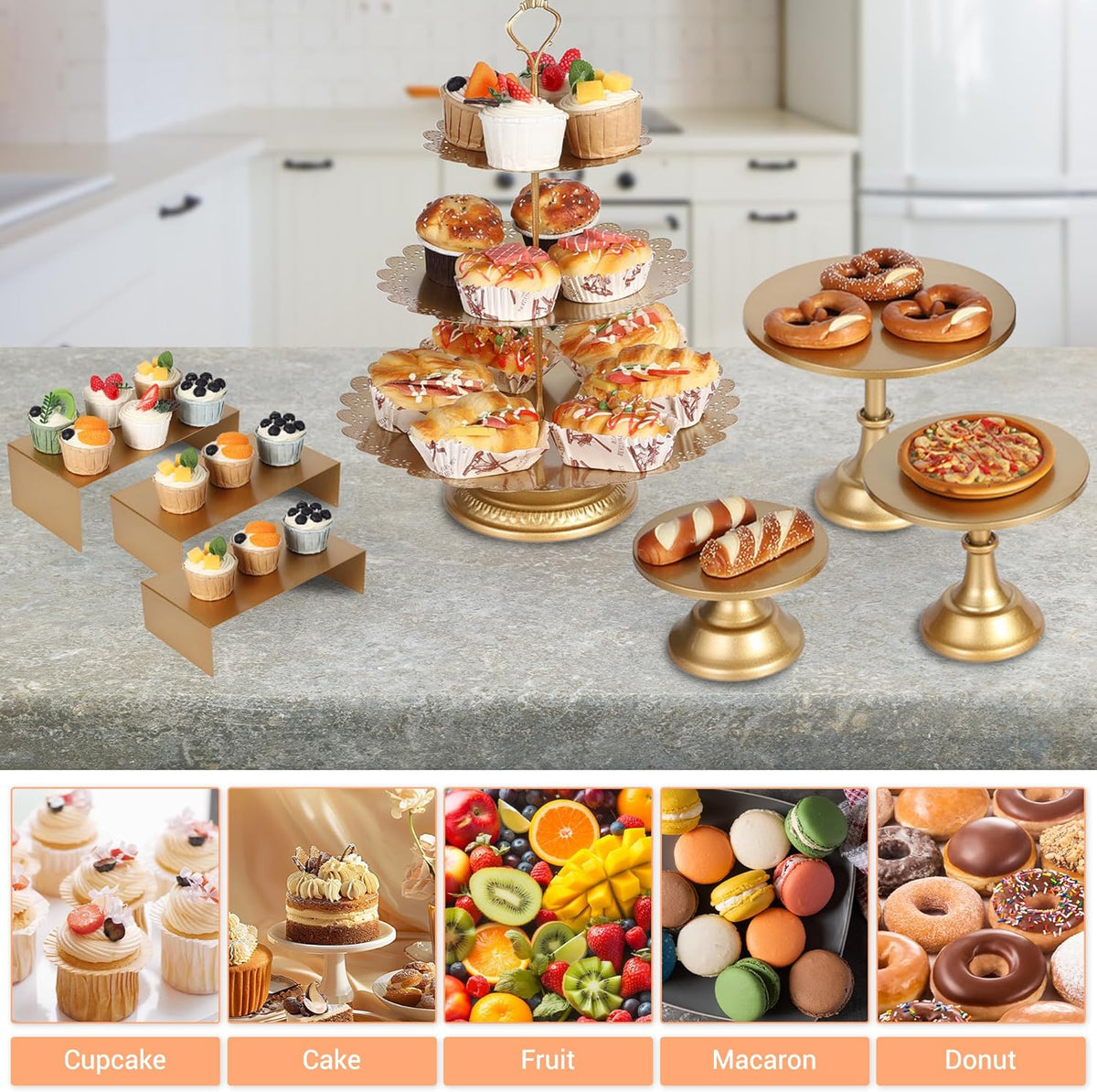 Garvee 7-Piece Gold Metal Cake Stand Set, Dessert Table Display Set with 3 Sizes Round Pedestal