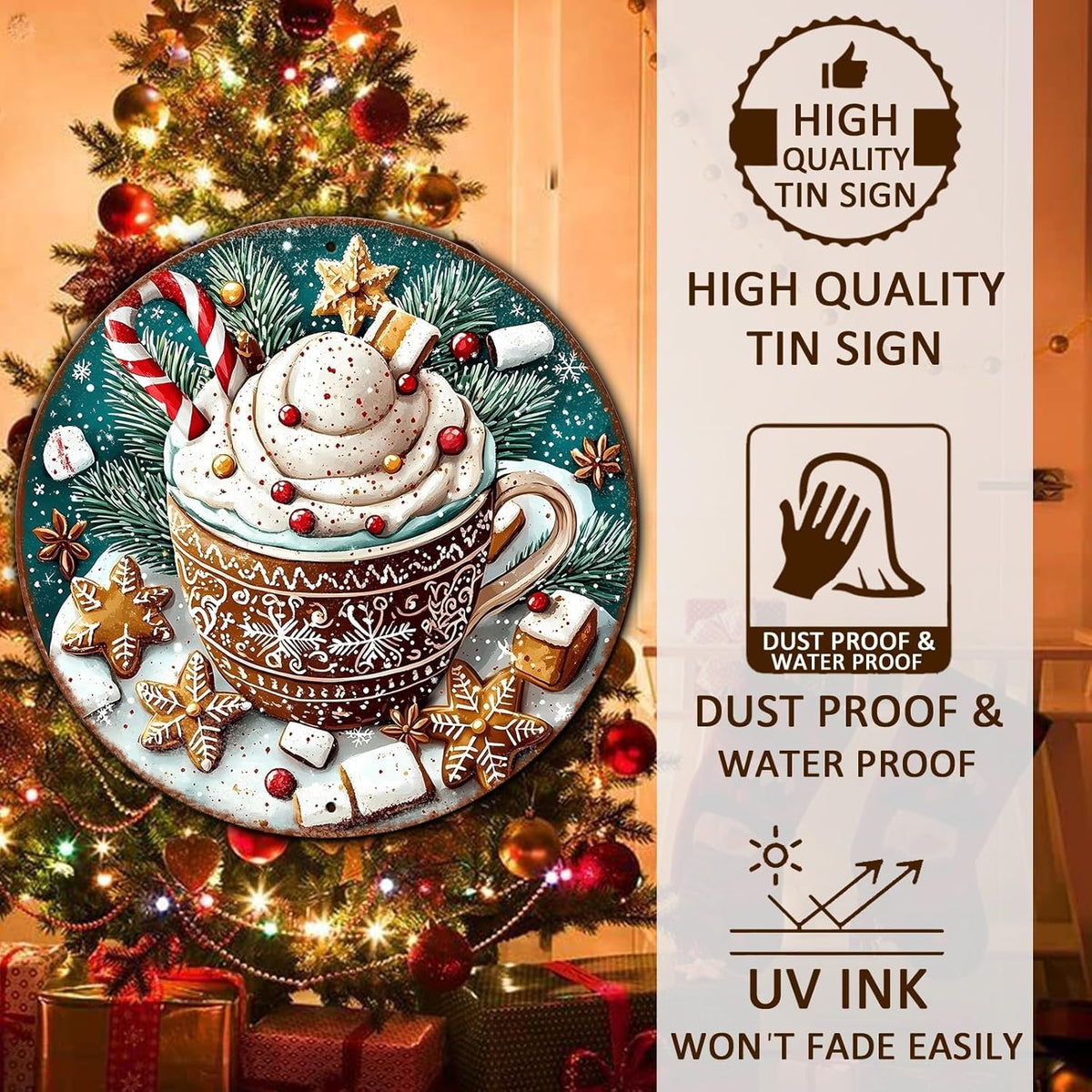 Round Christmas Signs Hot Cocoa Bar Metal Tin Sign Christmas Decor For Home Vintage Christmas