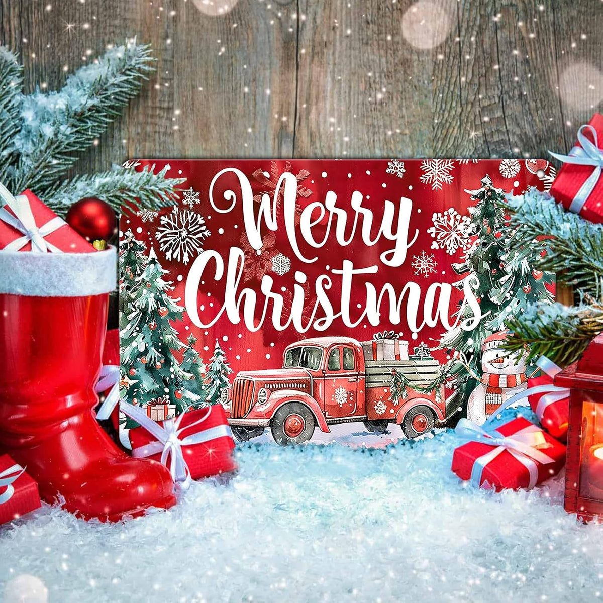 Christmas Truck Metal Tin Sign Merry Christmas Sign Funny Snowman Tin Sign Christmas Tree House