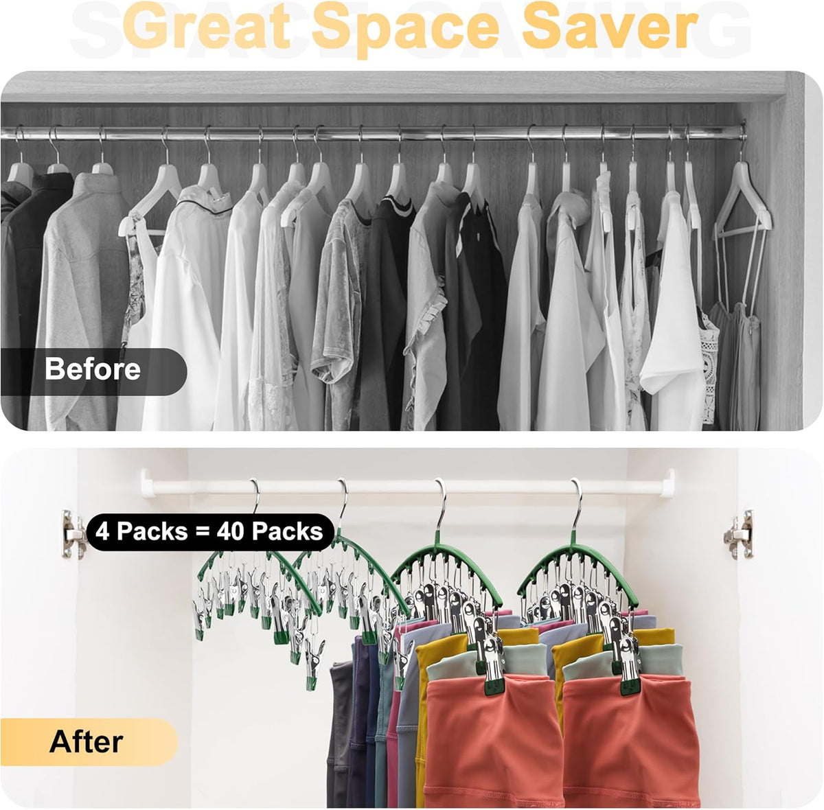 Legging Organizer for Closet, Metal Yoga Pants Hangers 4 Pack w/10 Clips Holds 40 Leggings, Space