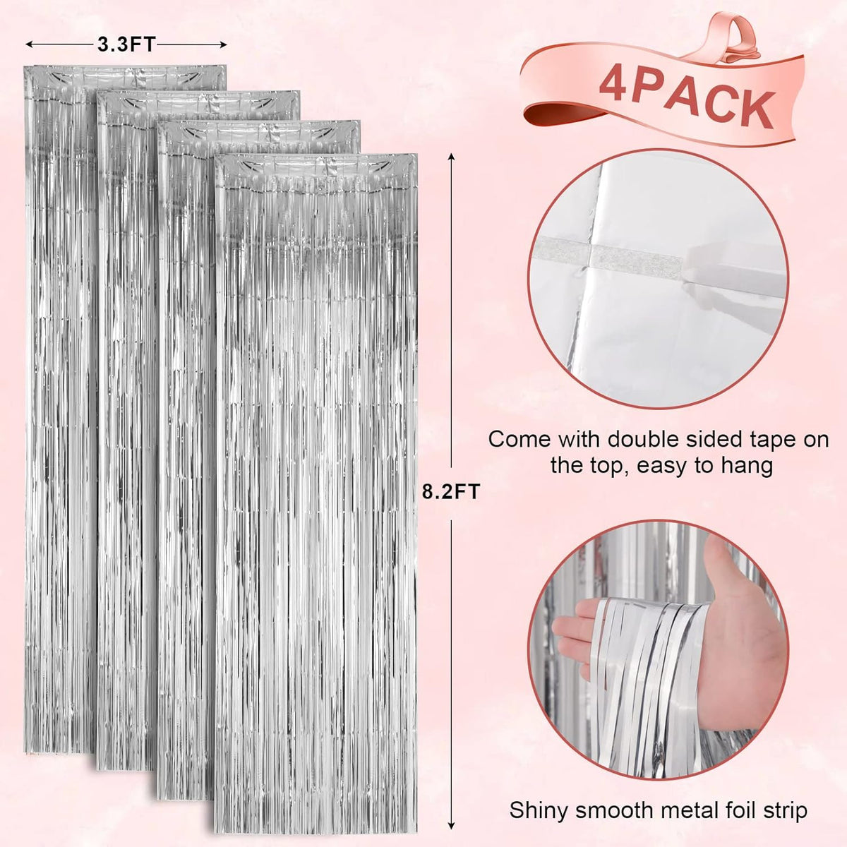 4 Pack Silver Foil Fringe Backdrop Curtains, Tinsel Streamers Birthday Party Decorations, Fringe