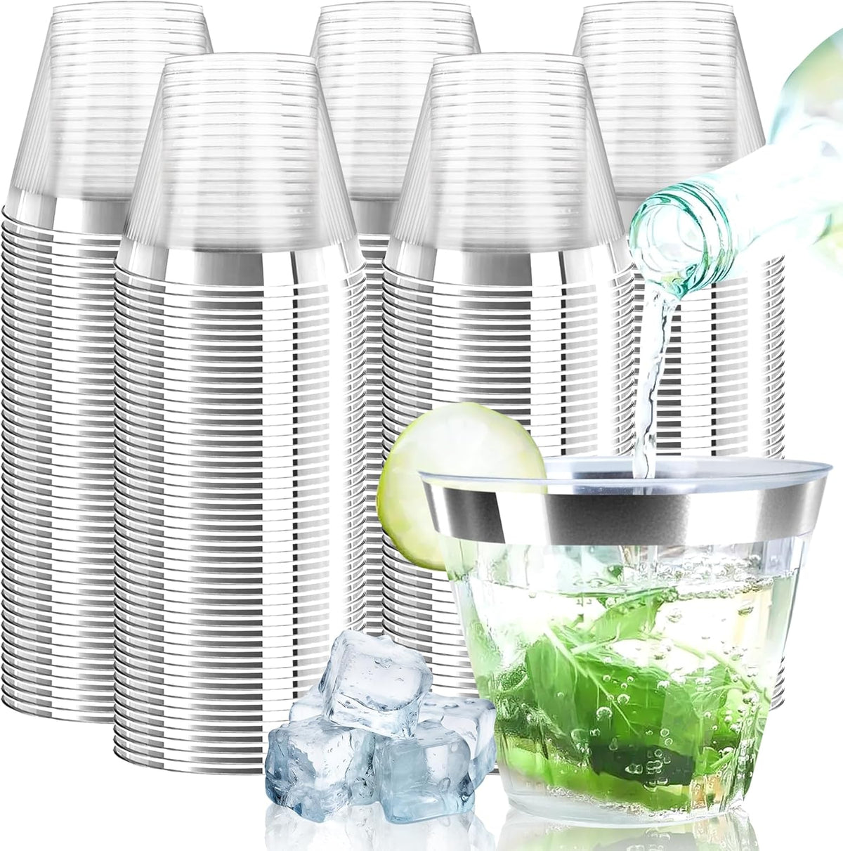 [200 Pack] 9oz Clear Plastic Cups with Silver Rimmed Sturdy & Food Safe Disposable Wine Glasses