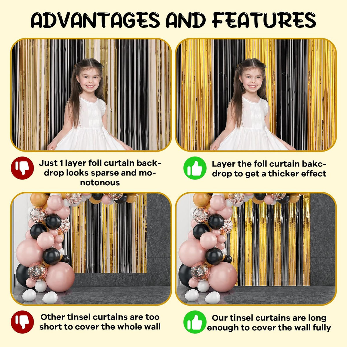2 Pack Black and Gold Foil Fringe Backdrop Curtains, Tinsel Streamers Birthday Party Decorations