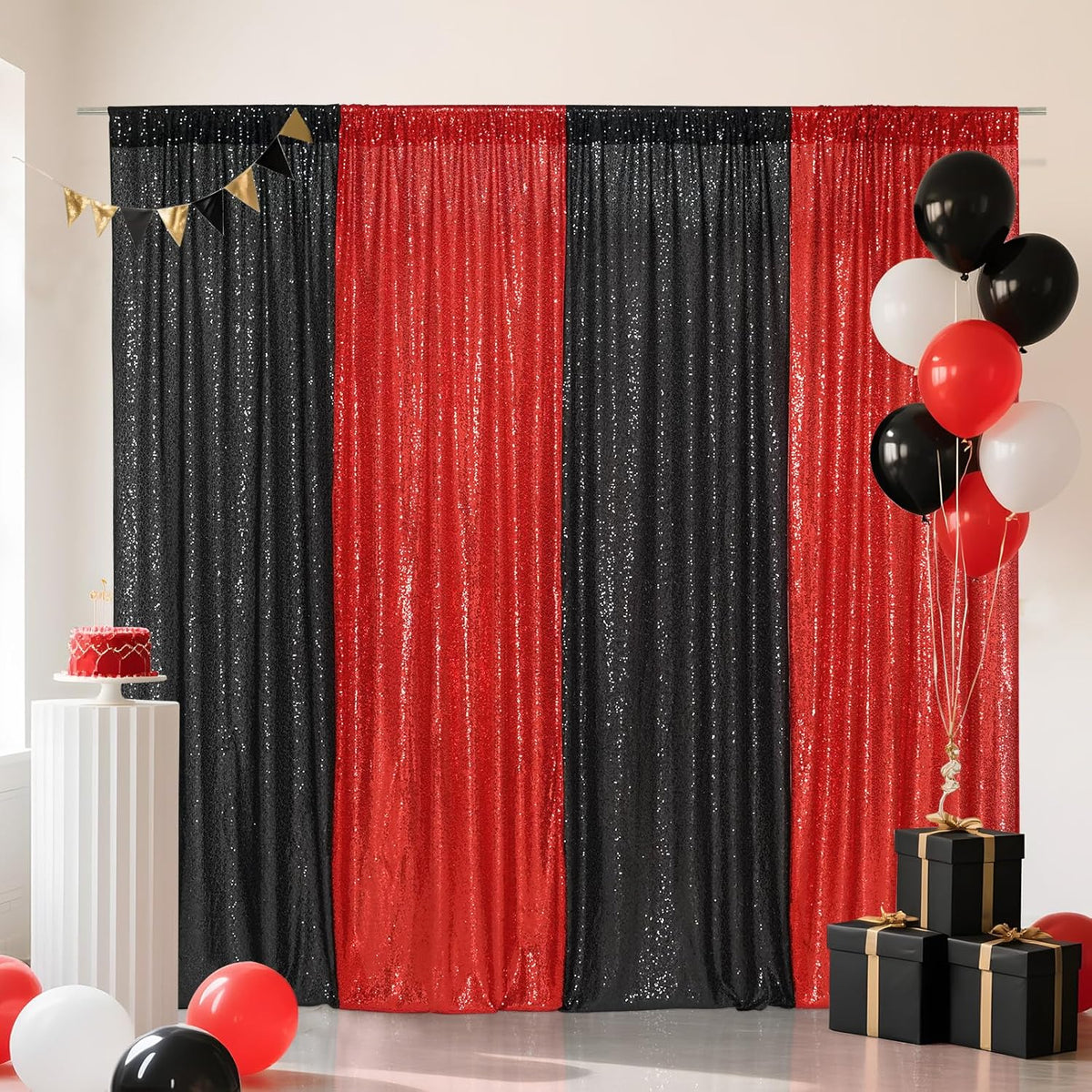 Eternal Beauty Black and Red Backdrop 4 PCS-2x8 Ft Sequin Curtain Panels for Christmas Party