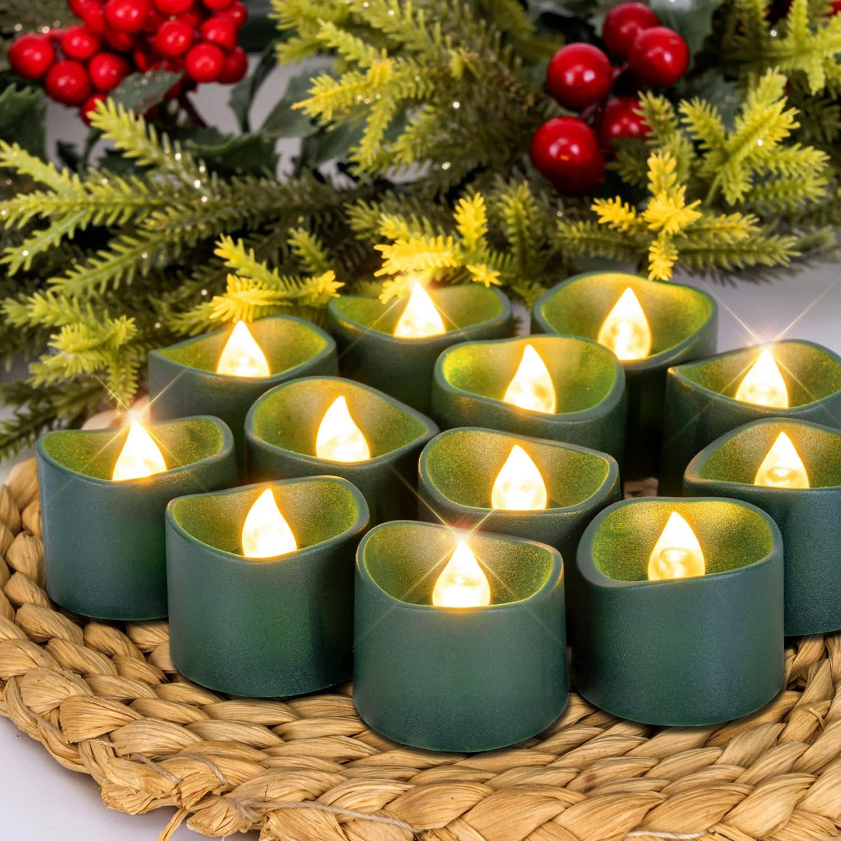 Homemory 24Pcs Green Tea Lights Battery Operated, Flameless Flickering Green Candles, Holiday