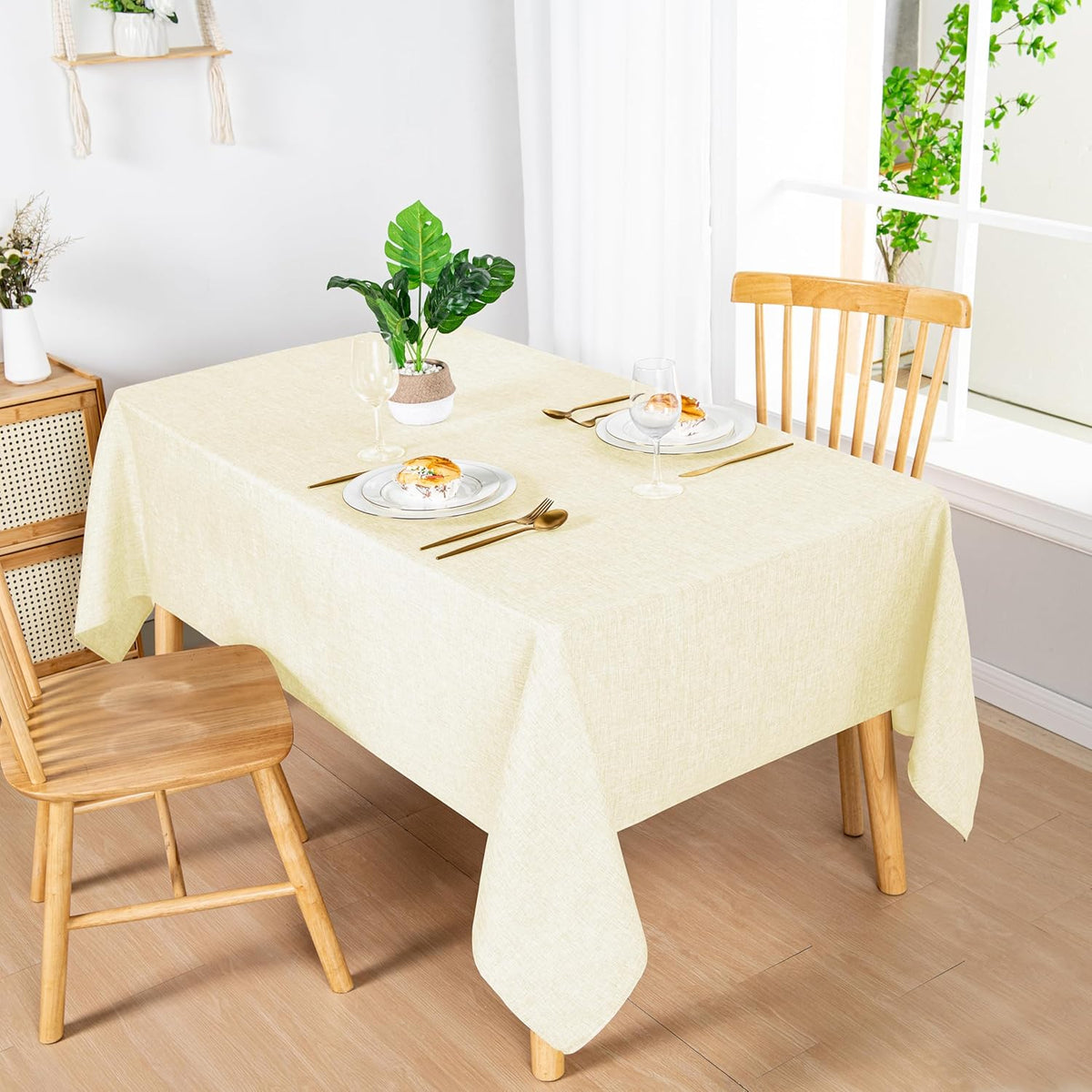 Hiasan Faux Linen Rectangle Tablecloth - Wrinkle and Stain Resistant Washable Table Cloth for