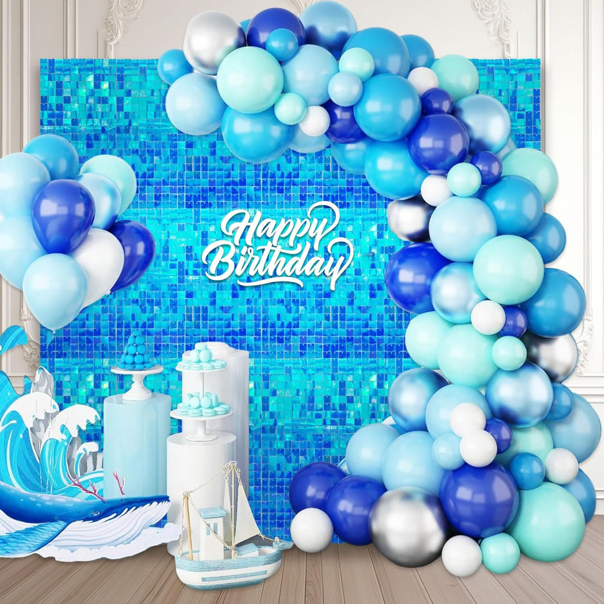 24PCS Colorful Lake Blue Shimmer Wall Backdrop, Square Sequin Photo Backdrops Panel, Glitter Wall