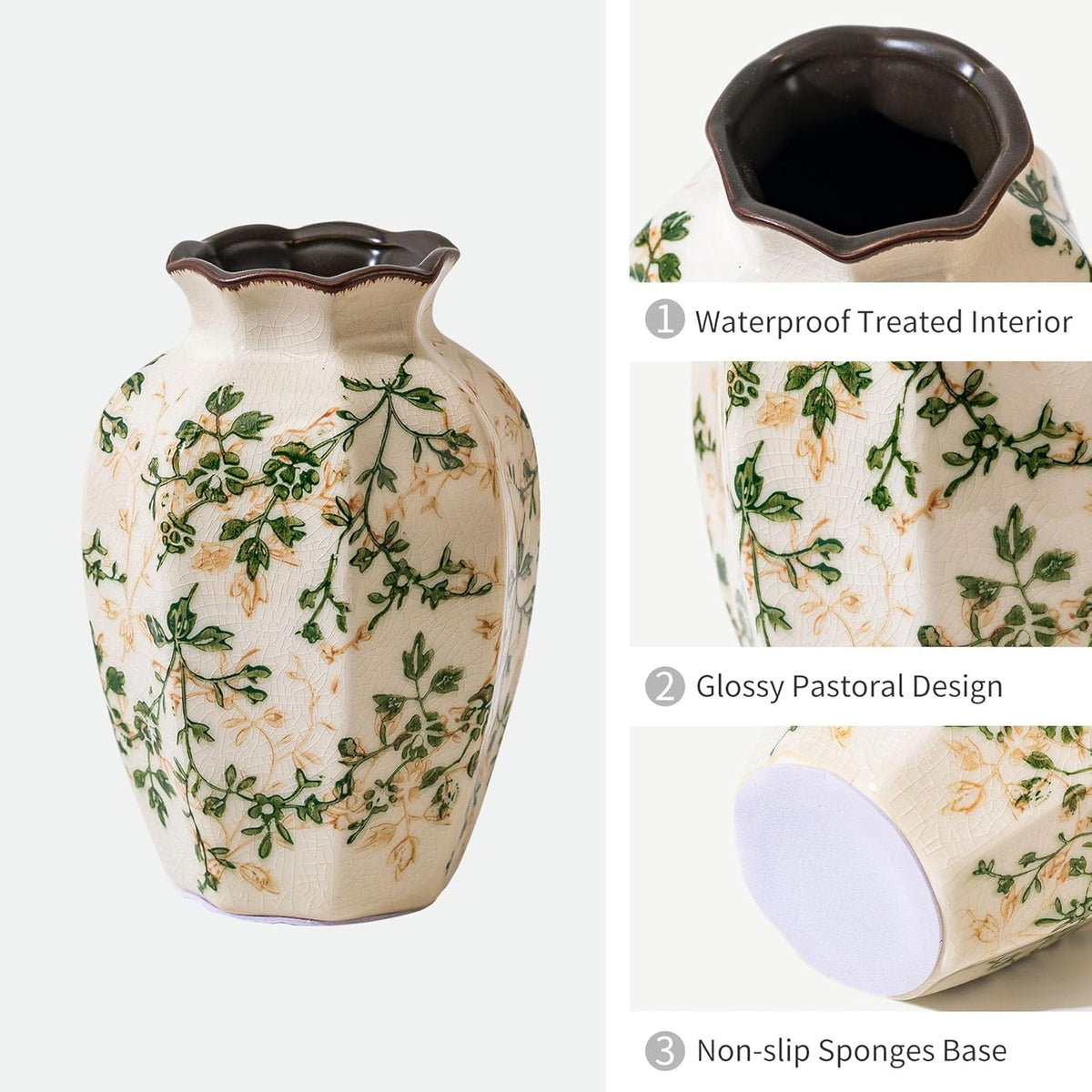 Vintage Pastoral Octagonal Vase, Green and Beige Retro Ceramic Flower Vases, Rustic Farmhouse Vases