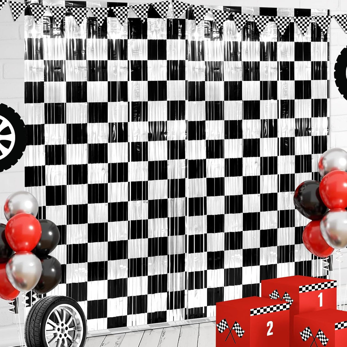 3 Pack 3.3Ft x 6.6Ft Race Car Checkered Foil Fringe Curtain Backdrop Decorations, Black White