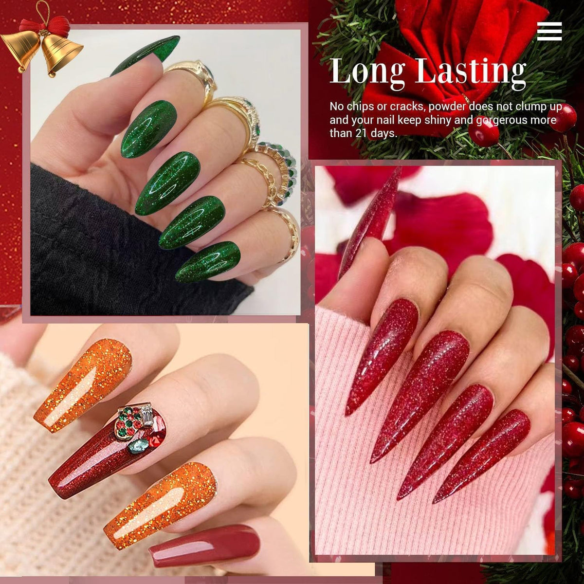 Honey Joy Dip Powder Nail Kit Starter, 4 Colors Halloween Christmas Green Red Black Orange Glitter