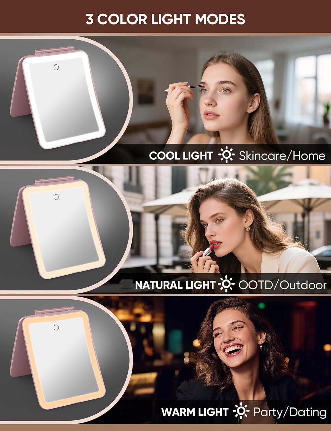 1X/10X Magnifying Makeup Mirror with 3 Colored Lights and Touch Control, 2700mAh Rechargeable LED
