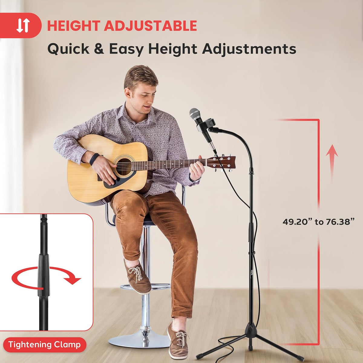 Pyle Tripod Mic Stand, Adjustable Gooseneck Microphone Stand, Sturdy Build, Non-Slip Rubber Feet