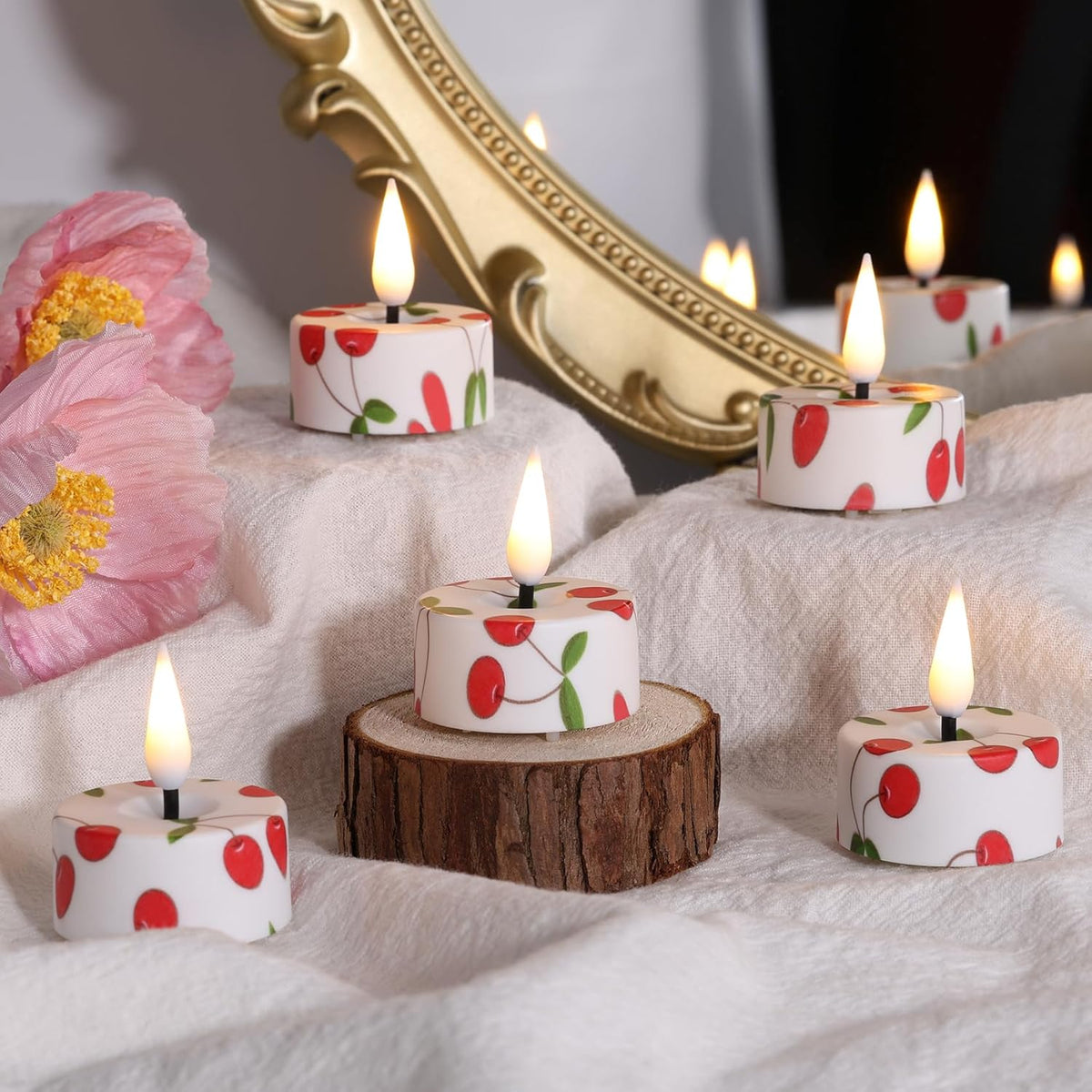 Eywamage Cherry Flameless Tealights with Remote Batteries, Flickering Plastic LED Tea Votive