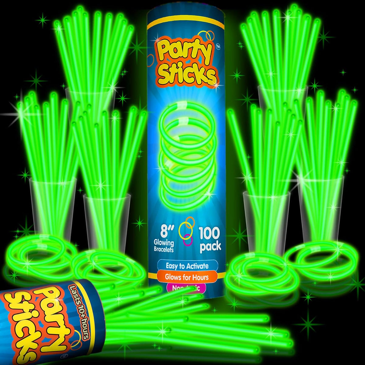 PartySticks Green Glow Sticks - 100pk, 8 Inch Glow in the Dark Light Up Sticks and Connectors for