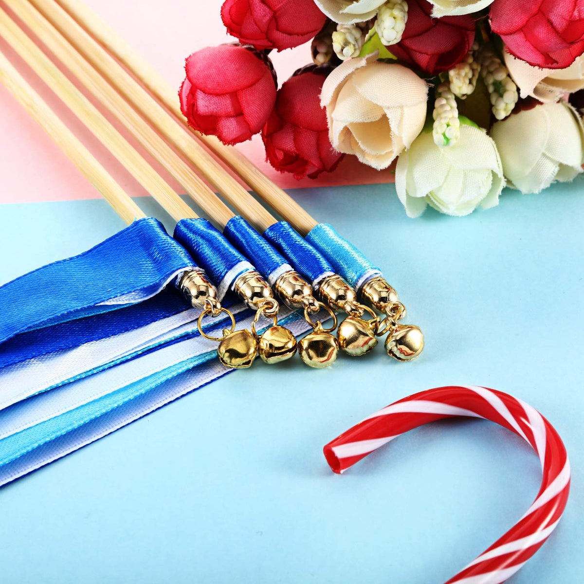 Boao 40 Pieces Mixed Color Ribbon Sticks with Bell, Ribbon Sticks for Stick Party, Streamers for