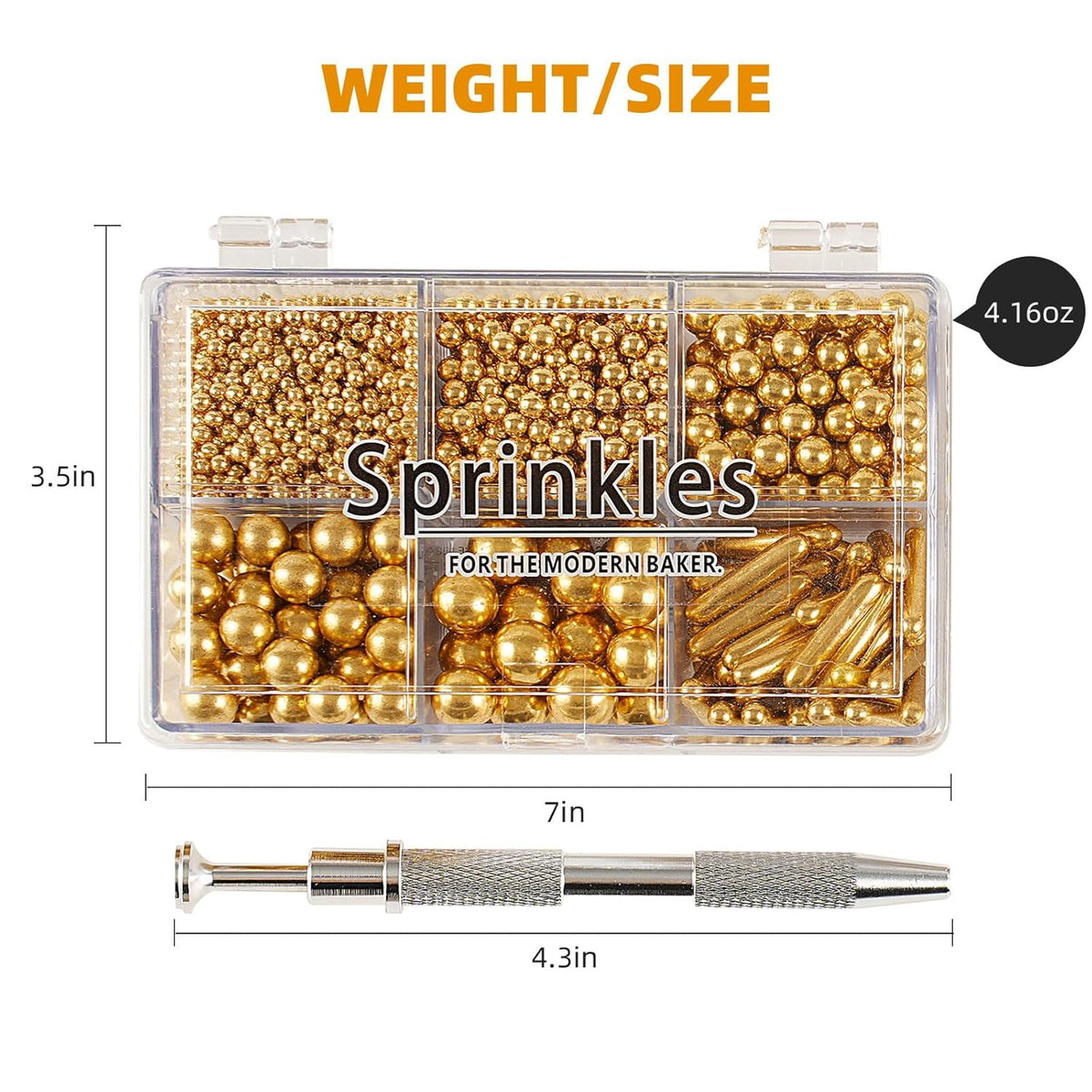 Kasvan Gold Mix Sugar Sprinkles - Edible Candy Pearls with 4-Claw Sprinkle Pen,118g/4.16 Oz, Gift