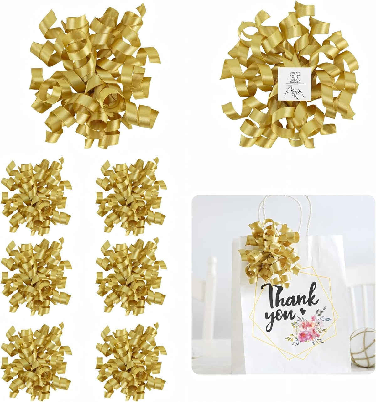 5 Inch Gold Bows Curly Ribbon Bows for Gift Wrapping, Satin Bows with Double-Sided Tape, Self