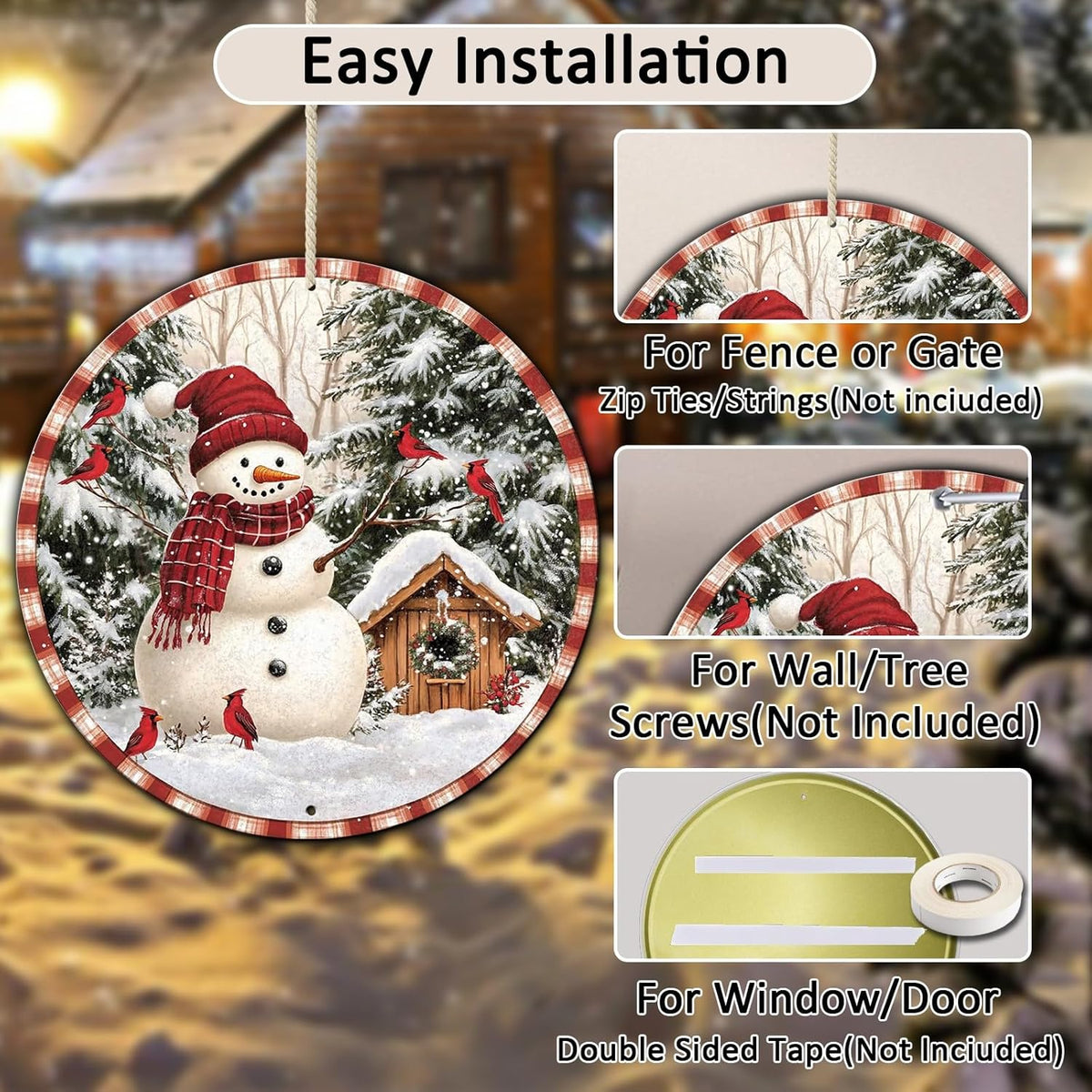 Round Christmas Metal Signs Vintage Snowman and Red Birds Tin Sign Metal Poster Christmas Snowman