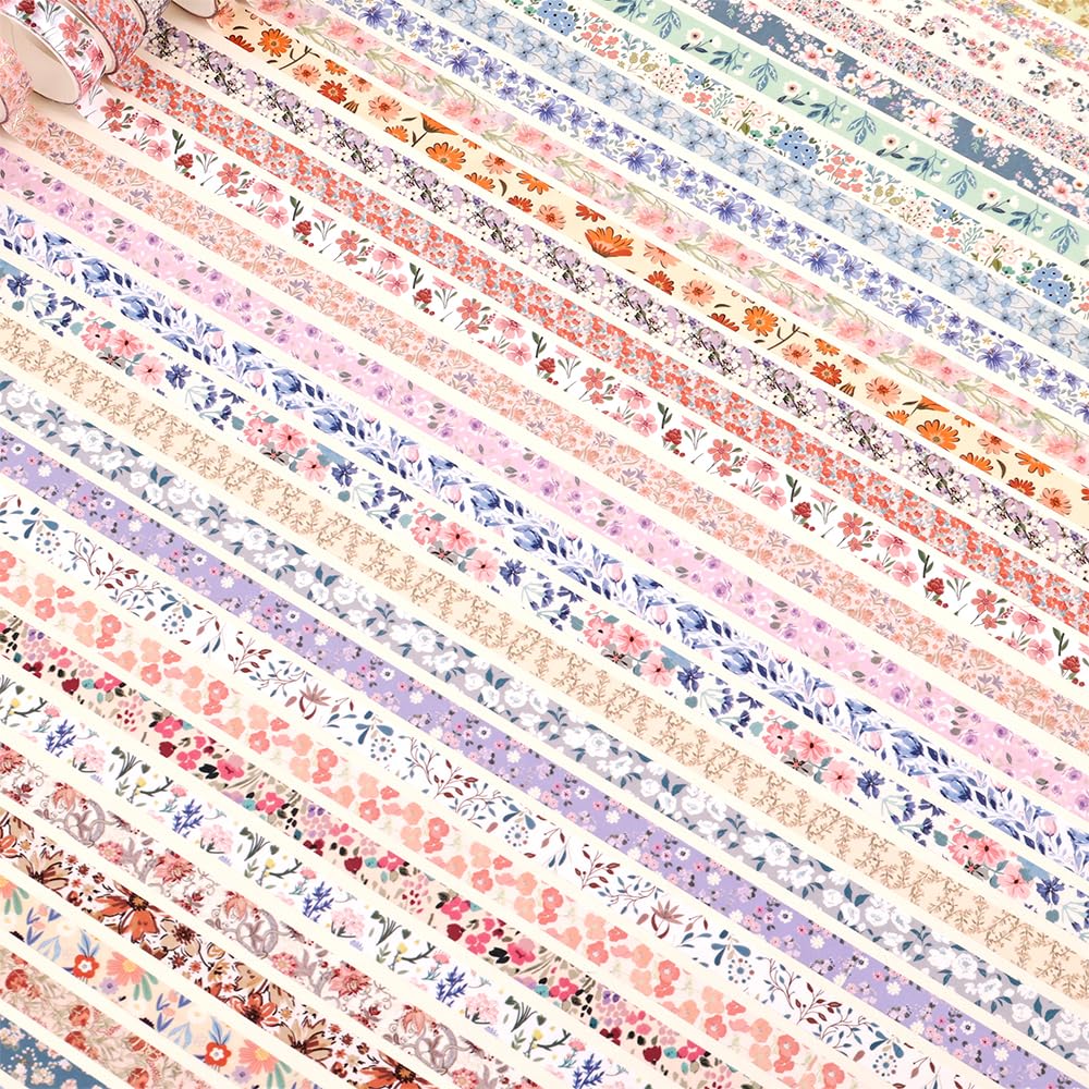 60 Rolls Flowers Theme Washi Tape Set with Different Colorful Patterns, Writable Decorative Tapes