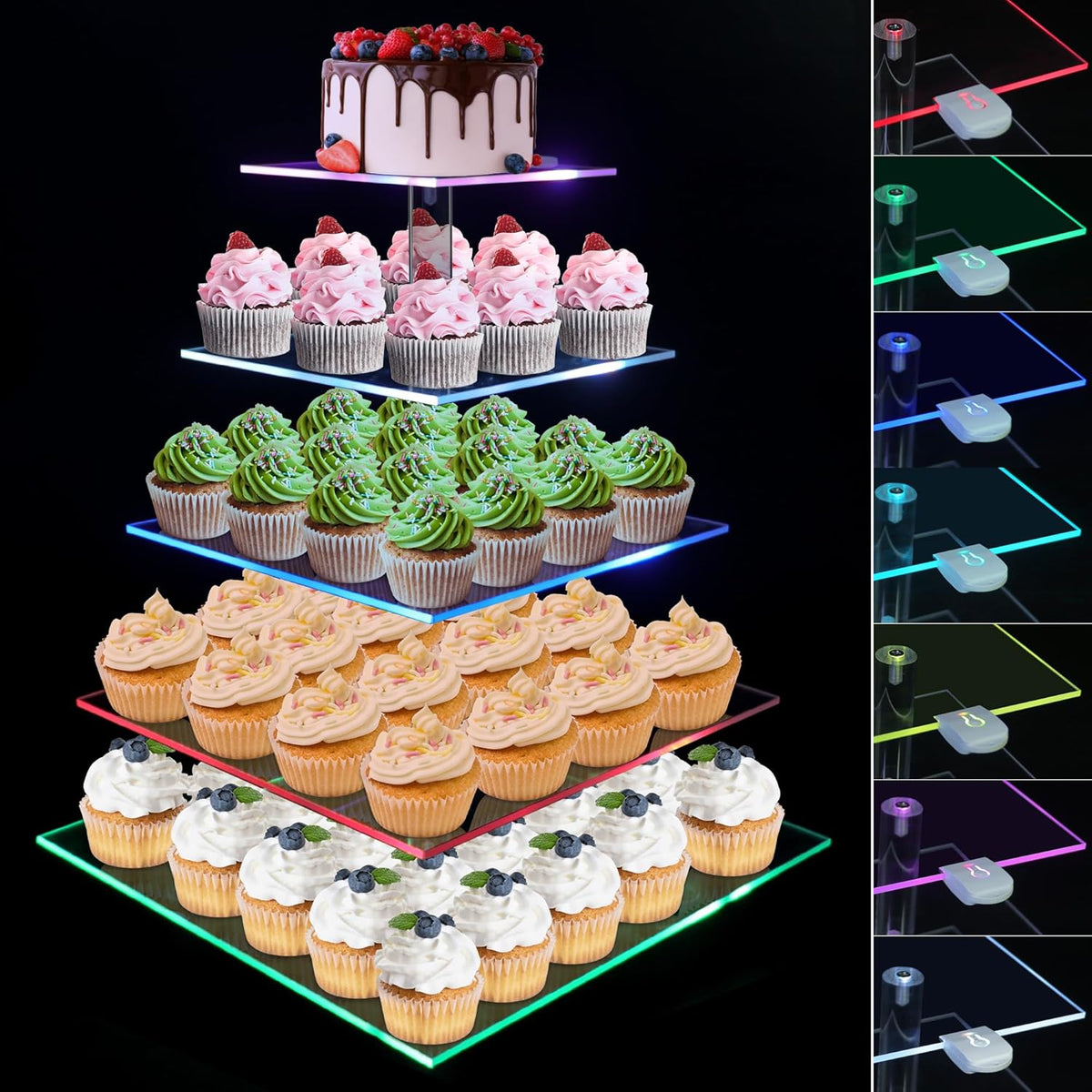 Cupcake Stand with Rechargeable Led, 5 Tier Clear Cupcake Holder, 7 Colors Light Cupcake Tower